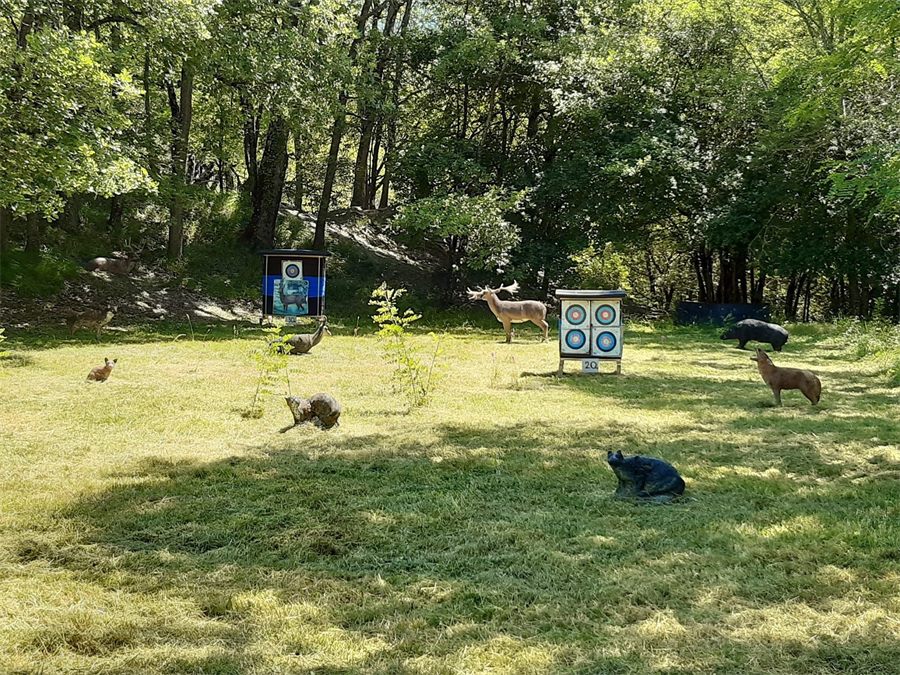 Zone d'entraînement avec cibles 3D et buttes de tir